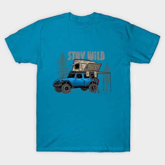 Stay Wild Jeep Camp - Adventure Ocean Pacific Blue Jeep Camp Stay Wild for Outdoor Jeep enthusiasts T-Shirt by 4x4 Sketch